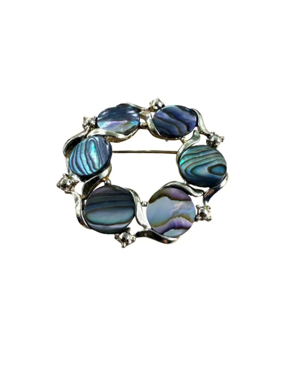 Vintage Abalone Shell Circle Brooch Silver Tone Wreath Pin Paua Statement Jewelr